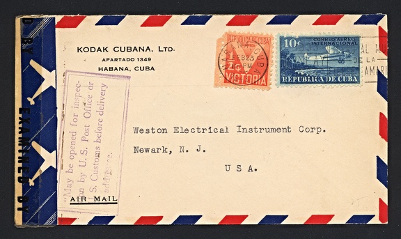 Item no. P1400 (cover)
Type: cover
Country: Cuba
Date of use: 23 February 1943
Business stationery (cover) used by the company KODAK CUBANA, Ltd. in Habana (Cuba), a branch of Eastman Kodak Co. in Rochester (USA). The cover bears military censorship seal and sticker that were used on all correspondence during WW II.
Item no. P1400 (cover).jpg