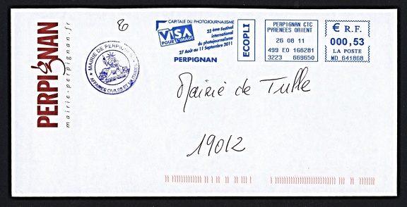 Item no. P1412 (cover)
Type: cover
Country: France
Date of use: 26 August 2011
Business stationery (cover, with relevant blue meter) used by the organizers of “VISA pour l’Image” - Intl. Festival of Photojournalism in Perpignan (France), the most important cultural event (exhibitions, meetings, conferences, evening screenings) on photojournalism held annually for 15 days (from end of August to mid-September).
Item no. P1412 (cover).jpg