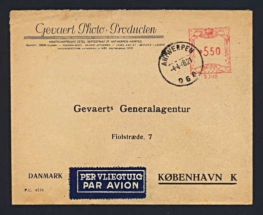 Item no. P1414 (cover)
Type: cover
Country: Belgium
Date of use: 4 April 1946
Business stationery (cover) used by the company GEVAERT PHOTO PRODUCTEN in Mortsel-Antwerpen (Belgium), manufacturer of photographic papers, films and chemicals.
Item no. P1414 (cover).jpg