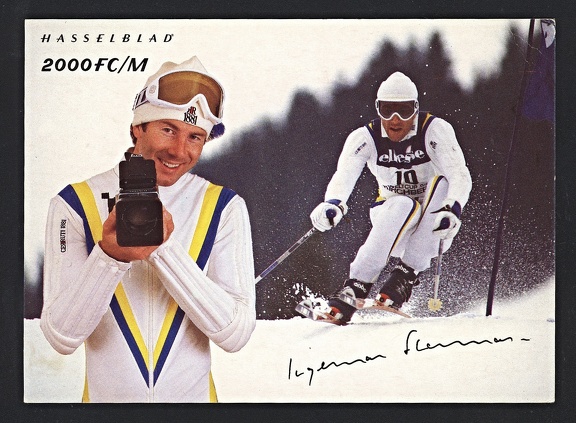Item no. AP61b (ad postcard)
Type: cover
Country: Italy
Date of use: 16 December 1983
Postcard (back of) advertising the Hasselblad camera 2000FC/M, imported by the Italian photographic trading company FOWA Professional in Torino (Italy). It shows Alpine ski racer of Sweden Ingemar Stenmark holding the camera.
Item no. AP61b (ad postcard).jpg