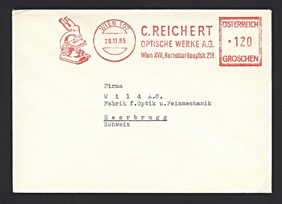 Item no. M472 (meter)
Type: frankmark
Country: Austria
Date of use: 29 November 1965
Meter advertising OPTISCHE WERKE C. REICHERT in Vienna (Wien, Austria), an optical workshop founded by Carl Reichert (1851 - 1922). C. Reichert gained experience working as mechanical engineer for Ernst Leitz Optische Werke in Wetzlar (Germany) and then established his own business in 1876 to manufacture microscopes, microtomes and, from 1900 – polarizing projectors, photographic lenses and cameras.
Item no. M472 (meter).jpg