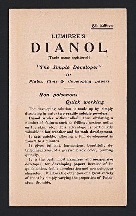 Item no. OT6 (booklet)
Type: catalog
Country: USA
Date: 1910
Cover of a booklet listing the photographic materials (chemicals) manufactured by the company THE LUMIERE NORTH AMERICAN Co. Ltd., in Burlington (Vermont, USA).
Item no. OT6 (catalog).jpg