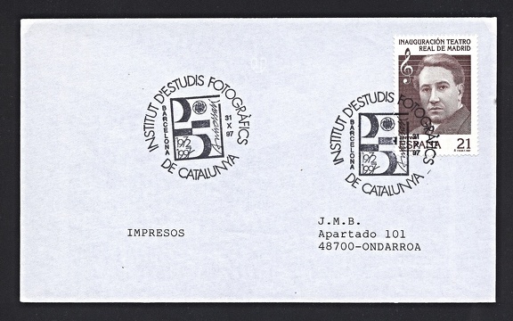 Item no. C229 (cancel)
Type: cancel
Country: Spain
Date of use: 31 October 1997
Special cancel commemorating the 25th anniversary (1972 - 1997) of INSTITUT D'ESTUDIS FOTOGRÁFICS DE CATALUNYA, school educating in professional and artistic photography.
Item no. C229 (cancel).jpg