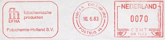 Item no. M492 (meter)
Type: frankmark
Country: The Netherlands
Date of use: 16 June 1983
Meter on cover advertising the company EFHA Fotochemie-Holland B.V. in Culemborg (The Netherlands), manufacturer of chemicals for photography e. g. paper developer “Efhabrom”, film developer “Efhafin”, or fast fixer “Super Presfix”.
Item no. M492 (meter).jpg