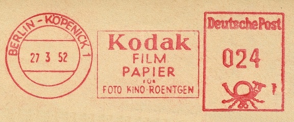 Item no. M495 (meter)
Type: frankmark
Country: Germany (DDR)
Date of use: 27 March 1952
Meter advertising Kodak AG (Köpenick) in Berlin (Germany), where DEKOPAN b/w films, x-ray films, papers and chemicals were manufactured under own brand name until mid-1960s.
Item no. M495 (meter).jpg