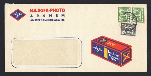 Item no. P1583 (cover)
Type: cover
Country: The Netherlands
Date of use: 2 June 1943
Business stationery (cover) used by the company N.V AGFA-PHOTO in Arnhem (The Netherlands), a Dutch branch of the German company AGFA A.G., manufacturer of cameras, photographic materials and chemicals. The cachet advertises the Agfa 120 fine-grain roll film ISOCHROM.
Item no. P1583 (cover).jpg