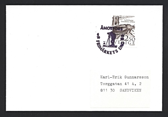 Item no. C243 (cancel)
Type: cancel
Country: Sweden
Date of use: 6 October 1990
Special cancel on cover commemorating the 150th ANNIVERSARY OF PHOTOGRAPHY IN SWEDEN – used in Åmotfors (Sweden), one of about 100 different cancels used that day in various towns by photographic clubs.
Item no. C243 (cancel).jpg