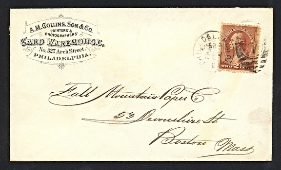 Item no. P1624 (cover)
Type: cover
Country: USA
Date of use: 4 Match 1886
Business stationery (cover) used by the company A. M. COLLINS, SON & Co. in Philadelphia (Pennsylvania, USA), manufacturer of all kinds of cards and cardboards for the use by photographers.
Item no. P1624 (cover).jpg