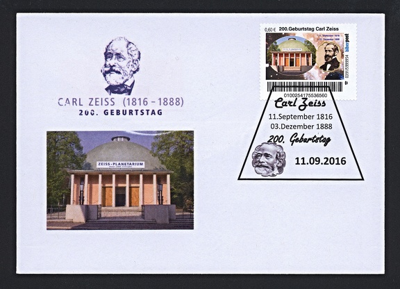 Item no. P1626 (cover)
Type: cover
Country: Germany
Date of issue: 11 September 2016
Cover (with relevant stamp and cancellation) issued to commemorate the 200th anniversary of birth of Carl ZEISS, German optician and entrepreneur who founded in 1846 an optical workshop in Jena that developed into big factory manufacturing almost all kinds of optical instruments, including photographic lenses.
Item no. P1626 (cover).jpg