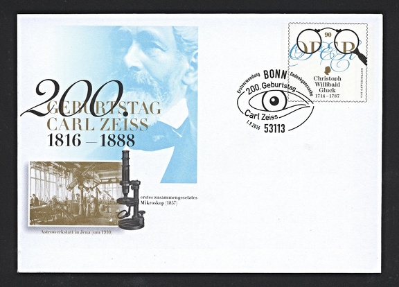Item no. P1627 (cover)
Type: cover
Country: Germany
Date of issue: 1 September 2016
Cover (with relevant cancellation) issued to commemorate the 200th anniversary of birth of Carl ZEISS, German optician and entrepreneur who founded in 1846 an optical workshop in Jena that developed into big factory manufacturing almost all kinds of optical instruments, including photographic lenses.
Item no. P1627 (cover).jpg