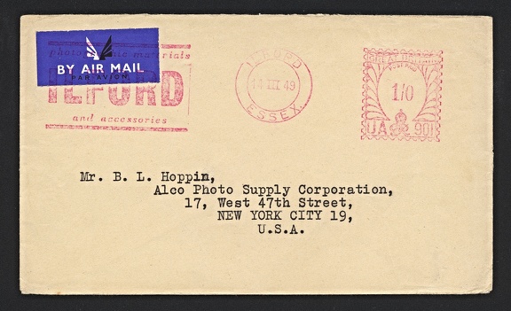 Item no. M500 (meter)
Type: frankmark
Country: Great Britain
Date of use: 14 March 1949
Red meter on cover advertising the company ILFORD LIMITED in Ilford (Essex, Great Britain), manufacturer of photographic material like films, papers, chemicals, and accessories.
Item no. M500 (meter).jpg