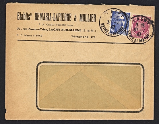 Item no. P1625 (cover)
Type: cover
Country: France
Date of use: 30 July 1947
Business stationery (cover) used by the company DEMARIA-LAPERRE & MOLLIER in Lagny-sur Marne (France), manufacturer of cameras. The company was merged from two companies in 1908: Lapierre, founded in 1843 by Auguste Lapierre who made laterna magicas (an early form of slide projectors), and the company of the DeMaria brothers of Paris, manufacturers of cameras and photographic equipment. Their most famous product was folding camera TELKA (formerly DEHEL) produced from 1933 to 1950s. Predecessor of the company was Demaria Frères, which was merged with Mollier to form DEMARIA-LAPIERRE MOLLIER shortly before 1930.
Item no. P1625 (cover).jpg