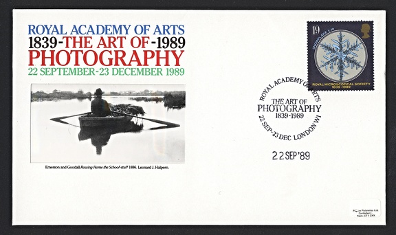 Item no. P1637a (cover)
Type: cover
Country: Great Britain
Date of use: 22 September 1989
Special commemorative cover issued by The Royal Academy of Arts in London (Great Britain) to honor the 150th ANNIVERSARY OF PHOTOGRAPHY and to promote retrospective photographic exhibition “The Art of Photography 1839 – 1989” to be held 22 September – 23 December 1989.
Item no. P1637a (cover).jpg