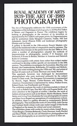 Item no. P1637b (leaflet)
Type: cover
Country: Great Britain
Date of use: 22 September 1989
An informative leaflet enclosed in special commemorative cover issued by The Royal Academy of Arts in London (Great Britain) to honor the 150th ANNIVERSARY OF PHOTOGRAPHY and to promote retrospective photographic exhibition “The Art of Photography 1839 – 1989” to be held 22 September – 23 December 1989.
Item no. P1637b (cover).jpg