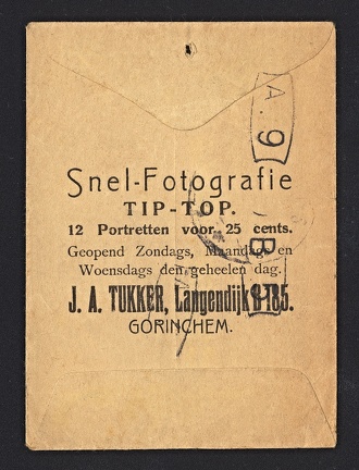 Item no. P1682b (cover)
Type: cover
Country: The Netherlands
Date of use: 1920s
Business stationery (cover/mailer, back of) used by the photographic studio J. A. TUKKER in Gorinchem (The Netherlands). J. Tukker operated the studio in the years 1904 – 1932, until bankruptcy. His son, M. W. Tukker continued the photographic business until 1966.
Item no. P1682b (cover).jpg