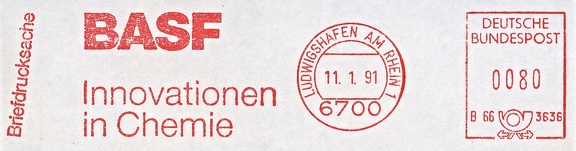 Item no. M512 (meter)
Type: frankmark
Country: Germany
Date of use: 11 January1991
Meter advertising the world’s largest chemical company BASF (headquarters in Ludwigshafen, Germany) and its innovations in chemistry. Besides other chemicals, the company produces also chemicals for photography (e.g. potassium metabisulfite) and papers for printing digital photographs.
Item no. M512 (meter).jpg