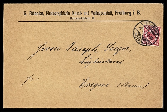 Item no. P1776 (cover)
Type: cover
Country: Germany
Date of use: 22 January 1898
Business stationery (cover) used by the company G. RÖBCKE in Freiburg im Breisgau (Germany). Georg Röbcke (1863 – 1941), after working as an assistant in Christoph Clare’s photographic studio, opened own studio in 1896. Röbcke photographed the picturesque corners and historically significant buildings of the city he lived in. His panoramic photos are today important sources of the city's architectural history.
Item no. P1776 (cover).jpg