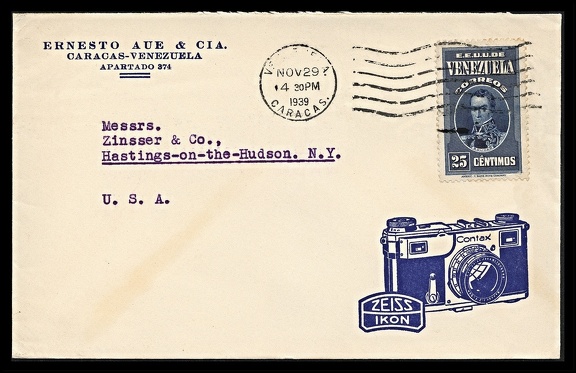 Item no. P1797 (cover)
Type: cover
Country: Venezuela
Date of use: 29 November 1939
Business stationery (cover) used by the company ERNESTO AUE & Cia. in Caracas (Venezuela), importer and dealer with photographic equipment and materials, also various musical instruments.
Item no. P1797 (cover).jpg