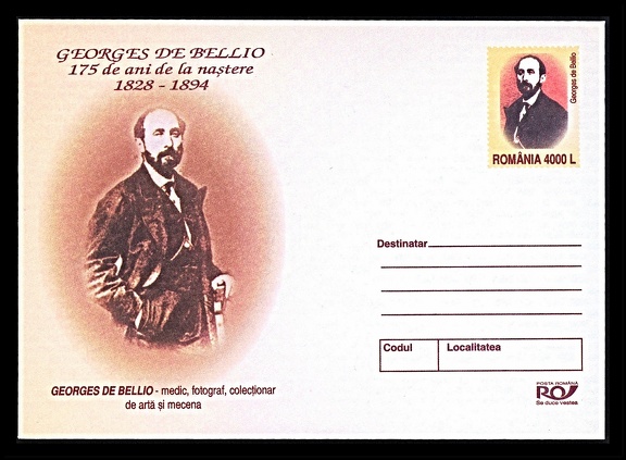Item no. P1838 (cover)
Type: cover
Country: Romania
Date of use: 2003
Special cover with engraved stamp, issued to honor 175th anniversary of birth of GEORGES de BELLIO (1828 – 1894), Romanian physician, art collector and friend of the Impressionists, also photographer, called “more Parisian than the Parisians”.
Item no. P1838 (cover).jpg