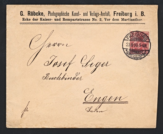 Item no. P1876 (cover)
Type: cover
Country: Germany
Date of use: 20 August 1900
Business stationery used by the company G. RÖBCKE in Freiburg im Breisgau (Germany). Georg Röbcke (1863 – 1941), after working as an assistant in Christoph Clare’s photographic studio, opened own studio in 1896. Röbcke photographed the picturesque corners and historically significant buildings of the city he lived in. His panoramic photos are today important sources of the city's architectural history.
Item no. P1876 (cover).jpg