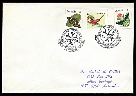 Item no. C261 (cancel)
Type: cancel
Country: Australia
Date of use: 26 September 1983
Special cancel on cover issued to honor the Australian Photographic Society (APS) in Hobart (Tasmania, Australia). The society was officially formed on the 12th of May 1962.
Item no. C261 (cancel).jpg