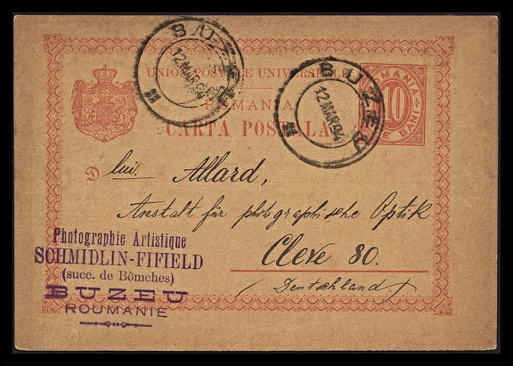 Item no. P1861a (postcard)
Type: cover
Country: Romania
Date of use: 12 March 1894
Business stationery (postcard, front of) used by the company Photographie Artistique SCHMILIN-FIFIELD, photographic studio in Buzeu (Romania).
Item no. P1861a (poctard).jpg