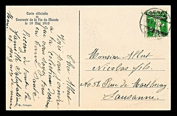 Item no. FP101a (funny postcard)
Country: Switzerland
The caption reads (in French): “Official card – souvenir of the End of the World in 19 May 1910”.
Item no. FP101a (funny postcard).jpg