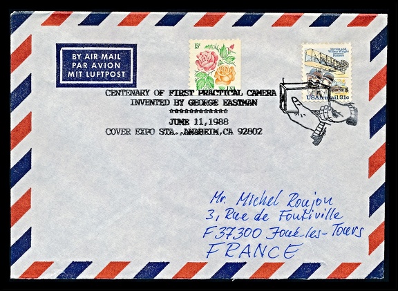 Item no. C266 (cancel)
Type: cancel
Country: USA
Date of use: 11 June 1988
Special cancel on cover commemorating the “Centenary of the First Practical Camera Invented by George Eastman”. The light and easy to carry and to make handheld operation camera used pre-loaded transparent, flexible rolled film enabling to take 100 exposures. After the full film was exposed, the whole camera was returned to the Kodak company in Rochester, New York, where the film was developed, prints were made, new photographic film was inserted, and then the camera and prints were returned to the customer.
Item no. C266 (cancel).jpg