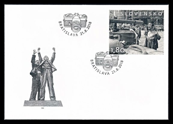 Item no. P1946 (cover)
Type: cover
Country: Slovakia
Date of issue: 21 August 2018
FDCover with stamp issued to commemorate Slovak photographer LADISLAV BIELIK (1939 – 1984), and his iconic photograph “The Bare-chested Man in Front of the Occupiers’ Tank” taken in Bratislava on 21st of August 1968, when troops of Warsaw Pact invaded Czechoslovakia as a “brotherly help” against Alexander Dubček’s government. The picture has been proclaimed one of the 100 most important photos of the 20th Century. The left-hand cachet on the cover is based on his another photograph taken during the invasion.
Item no. P1946 (cover).jpg