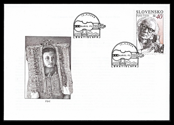 Item no. P1947 (cover)
Type: cover
Country: Slovakia
Date of issue: 12 September 2008
FDCover with stamp issued to commemorate KAROL PLICKA (1894 – 1987), Czechoslovakian ethnographic photographer, musician and filmmaker. A Czech-Slovakian joint-issue. It shows portrait of Plicka holding a camera. The left-hand cachet presents illustration, based on one of his photographs, of a girl dressed in folk costume.
Item no. P1947 (cover).jpg