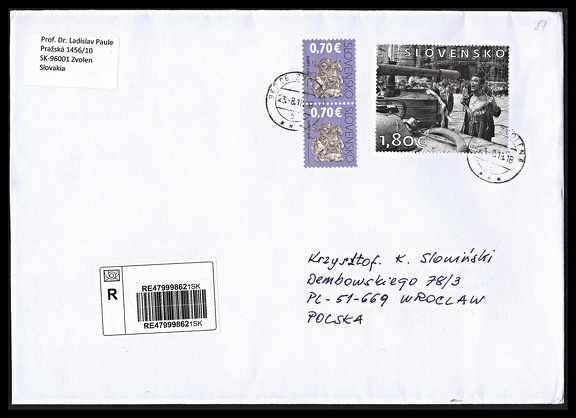 Item no. P1954 (cover)
Type: cover
Country: Slovakia
Date of use: 23 August 2018
Cover of a registered letter to Poland. The stamp honors Slovak photographer LADISLAV BIELIK (1939 – 1984), and his iconic photograph “The Bare-chested Man in Front of the Occupiers’ Tank” taken in Bratislava on 21st of August 1968, when troops of Warsaw Pact invaded Czechoslovakia as a “brotherly help” against Alexander Dubček’s government. The picture has been proclaimed one of the 100 most important photos of the 20th Century.
Item no. P1954 (cover).jpg
