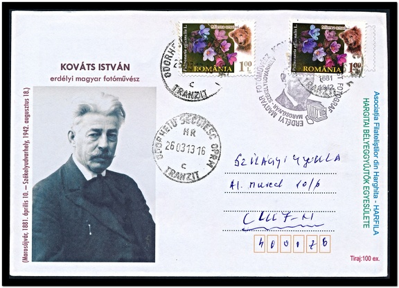 Item no. P1956 (cover)
Type: cover
Country: Romania
Date of use: 2013
FDCancel on cover, both honoring KOVÁTS ISTVÁN (1881 – 1942), Hungarian artist photographer and ethnographer. In his travels throughout the country he photographed traditional customs, folk art and costumes, and documented social life in small villages. His legacy includes about 40 000 glass negatives and films.
Item no. P1956 (cover).jpg