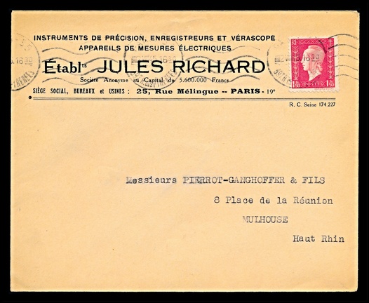 Item no. P1968 (cover)
Type: cover
Country: France
Date of use: 2 August 1945
Business stationery (cover) used by the company Instruments de Précision JULES RICHARD in Paris (France). Jules Richard (1848 – 1930), manufacturer of stereoscopic cameras (e.g. Vérascope and Glyphoscope), and various scientific instruments. In 1923 he founded private Technical College in Paris (Lycée Technologique privé), where trained were also future workers for his factory.
Item no. P1968 (cover).jpg