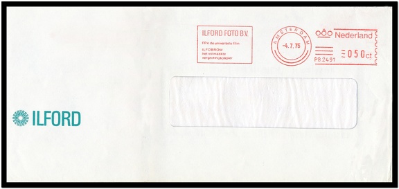 Item no. P1965 (cover)
Type: cover
Country: The Netherlands
Date of use: 4 July 1975
Business stationery (cover) used by the company ILFORD FOTO B. V. in Amsterdam (The Netherlands), distributor of the British company’s Ilford Ltd. of London in The Netherlands. The red frankmark advertises universal Ilford FP4 film, and a b/w photographic paper Ilfobrom.
Item no. P1965 (cover).jpg