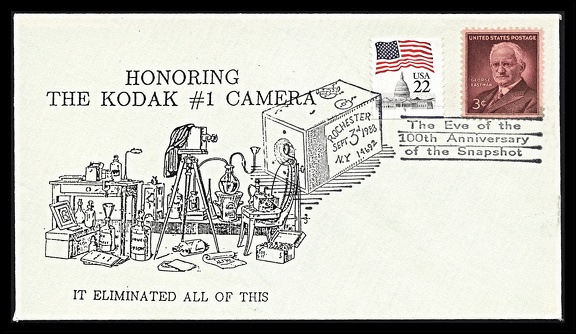 Item no. C270 (cancel)
Type: cancel
Country: USA
Date of use: 3 September 1988
Special cancel on cover, used to celebrate “The Eve of the 100th Anniversary of the Snapshot”, thus honoring GEORGE EASTMAN’s Kodak no. 1 camera that was marketed in 1888. This invention has given impetus to the development of amateur photographic movement, called later “snapshooting”.
Item no. C270 (cancel).jpg