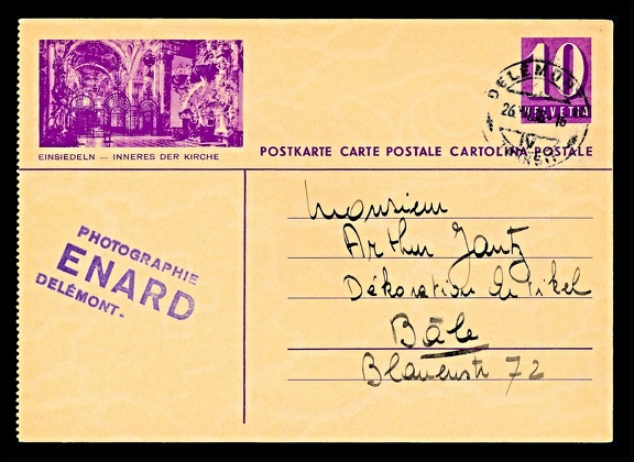 Item no. P2033a (postcard)
Type: cover
Country: Switzerland
Date of use: 26 December 1938
Business stationery (postcard, front of) used by the studio PHOTOGRPHIE ENARD in Delemont (Switzerland). The studio was run by François-Joseph Enard (1843 – 1907) who started his career as a painter in 1869 and in 1877 turned to be a full-time photographer in a studio he bought for 600 Swiss Francs. The business was continued by his son Jules and later, by his grandsons Maurice and Georges.
Item no. P2033a (postcard).jpg