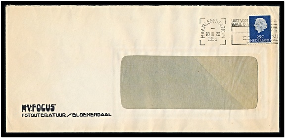 Item no. P2112 (cover)
Type: cover
Country: The Netherlands
Date of use: 18 March 1955
Business stationery (cover) used by the company N.V. FOCUS in Bloemendaal (The Netherlands), publisher of photographic literature.
Item no. P2112 (cover).jpg