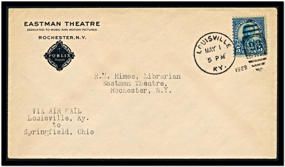 Item no. P2114 (cover)
Type: cover
Country: USA
Date of use: 1 May 1929
Business stationery (cover) used by EASTMAN THEATRE in Rochester (New York, USA). The theatre, dedicated to music and motion pictures, was founded and financially supported by GEORGE EASTMAN of Eastman Kodak Co. in Rochester.
Item no. P2114 (cover).jpg