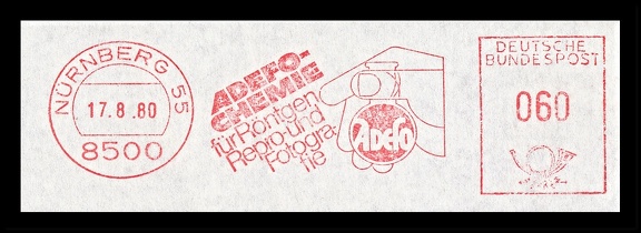 Item no. M548 (meter)
Type: frankmark
Country: Germany
Date of use: 17 August 1980
Red meter advertising the company ADEFO-CHEMIE in Nuremberg (Nürberg, Germany), manufacturer of quality chemical products for graphic arts, photography, X-ray and dental use.
Item no. M548 (meter).jpg