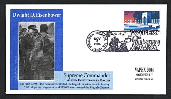 Item no. C275 (cancel)
Type: cancel
Country: USA
Date of use: 6 November 2004
Special cancel (on cover), used to commemorate the 50th anniversary of raising the US flag on the Mt. Suribachi. A National Stamp Exhibition VAPEX to honor that event was organized in Virginia Beach (Virginia, USA) by The Virginia Philatelic Federation, Inc. The design is based on a photograph by Associated Press photojournalist JOE ROSENTHAL (1911 - 2006) Raising the US flag on the island Iwo Jima, at the Mount Suribachi taken on 23 February 1945. Joe Rosental was awarded a Pulitzer Prize for this iconic photograph in 1945.
Item no. C275 (cancel).jpg