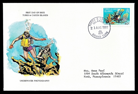 Item no. P2241 (cover)
Type: cover
Country: Turks & Caicos
Date of use: 21 August 1981
FDCover with stamp “Underwater photography”.
Item no. P2241 (cover).jpg
