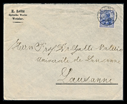 Item no. P2255 (cover)
Type: cover
Country: Germany
Date of use: 18 March 1909
Business stationery (cover) used by the company E. LEITZ Optische Werke in Wetzlar (Germany), optical factory known for its microscopes and other optical instruments, where some years later the famous Leica camera was built by Oskar Barnack (1879 – 1936).
Item no. P2255 (cover).jpg
