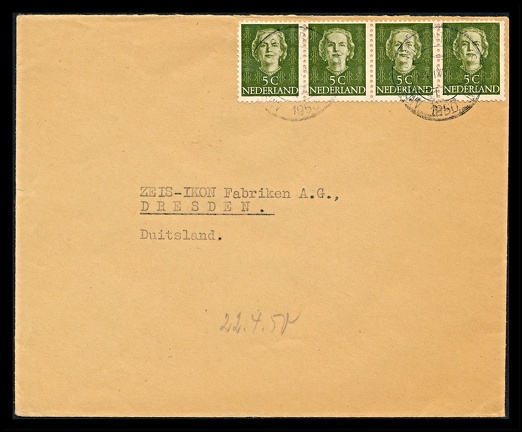 Item no. P2382a (cover)
Type: cover
Country: The Netherlands
Date of use: 22 April 1950
Business stationery (cover, front of) used by the company “JAVARO” in Amsterdam (The Netherlands). It was addressed to ZEISS-IKON Fabriken in Dresden (Germany), manufacturer of cameras.
Item no. P2382a (cover).jpg