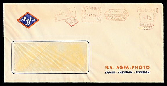 Item no. P2420 (cover)
Type: cover
Country: The Netherlands
Date of use: 19 August 1958
Business stationery (cover) used by the company N.V. AGFA-PHOTO in Arnhem (The Netherlands), one of the divisions of the German company AGFA in the Netherlands. The cover bears stamped red meter advertising use of the Agfa Isopan photographic film.
Item no. P2420 (cover).jpg