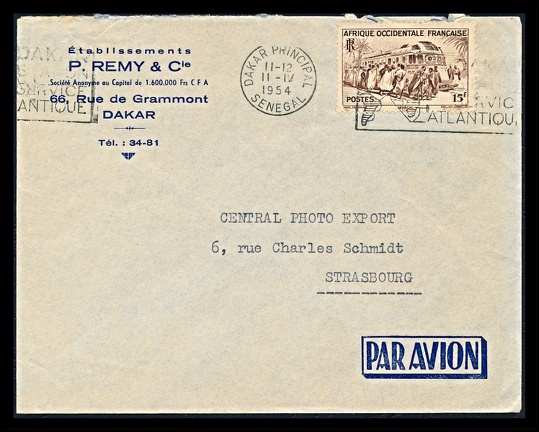 Item no. P2395 (cover)
Type: cover
Country: Senegal
Date of use: 11 April 1954
Business stationery (cover) used by the company P. REMY & Cie. in Dakar (Senegal). It was addressed to the company “Central Photo Export” in Strasbourg (France).
Item no. P2395 (cover).jpg