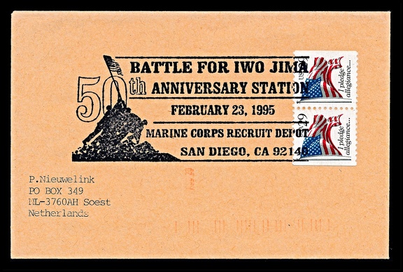 Item no. C283 (cancel)
Type: cancel
Country: USA
Date of use: 23 February 1995
Special cancel (on cover), used to honor US marines fighting at Iwo Jima and to commemorate the 50th anniversary of raising US flag at the Mount Suribachi. The cancel’s design is based on a photograph by Associated Press photojournalist JOE ROSENTHAL (1911 - 2006) Raising the US flag on the island Iwo Jima, at the Mount Suribachi , taken on 23 February 1945. Joe Rosental was awarded a Pulitzer Prize for this iconic photograph in 1945.
Item no. C283 (cancel).jpg