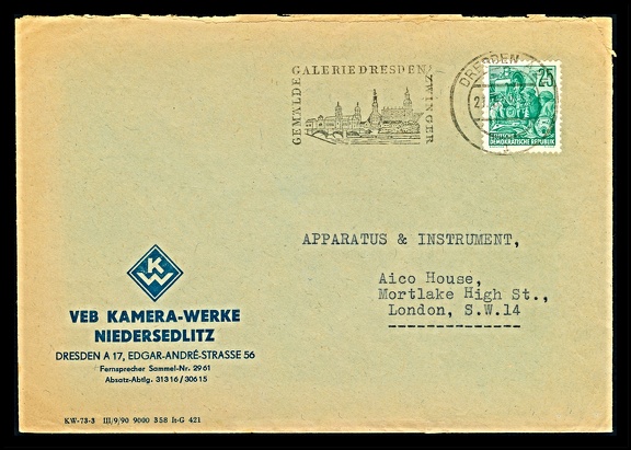 Item no. P2412 (cover)
Type: cover
Country: Germany (DDR)
Date of use: 21 May 1959
Business stationery (cover) used by the state enterprise VEB KAMERA–WERK NIEDERSEDLITZ, a DDR-nationalized version of former KW Kamera Werkstätten Guthe & Thorsch G.m.b.H. in Dresden (Germany), camera manufacturer. The company has been established in 1919 and, in 1938 taken over by Charles A. NOBLE, entrepreneur from Detroit (Michigan, USA), and the factory moved to Niedersedlitz (district of Dresden). It was nationalized in 1945 by East Germany authorities and later became part of an organization VEB Pentacon Dresden.
Item no. P2412 (cover).jpg