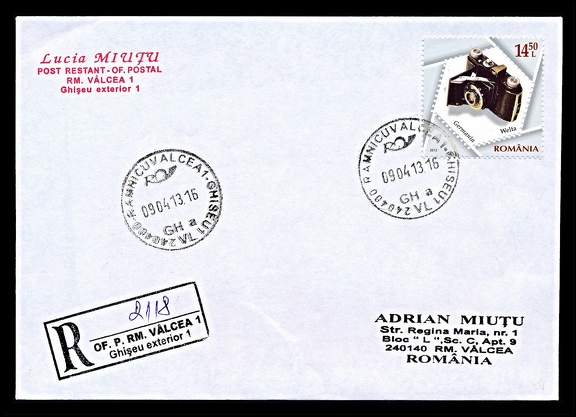 Item no. P2474 (cover)
Type: cover
Country: Romania
Date of use: 9 April 2013
Cover of a registered letter bearing stamp of a 6-stamp set “Camera collections”. It shows a rollfilm folding camera WELTIX, manufactured by WELTA-KAMERA-WERKE in Freital (Germany).
Item no. P2474 (cover).jpg