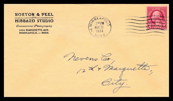 Item no. P2492 (cover)
Type: cover
Country: USA
Date of use: 21 May 1934
Business stationery (cover) used by the company NORTON & PEEL and Hibbard Studio in Minneapolis (Minnesota, USA), commercial photography studio operating in the years 1886 – 1969. It was run by photographers Walter Norton and Clifford Peel who earlier worked for the predecessor C. J. Hibbard, and bought the studio in 1928.
Item no. P2492 (cover).jpg