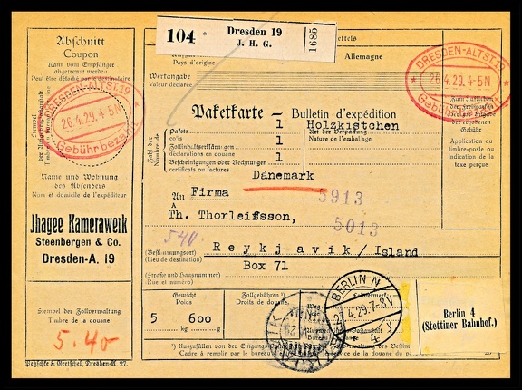 Item no. P2509a (dispatch)
Type: cover
Country: Germany
Date of use: 26 April 1929
Business stationery (waybill, paketkarte, front of), used by the company IHAGEE KAMERAWERK in Dresden (Germany), manufacturer of cameras founded in 1912 by Johan Steenbergen. The company’s most famous product was SLR Exakta system camera (particularly its 35 mm version – Kine Exakta), manufactured since 1936.
Item no. P2509a (dispatch form).jpg